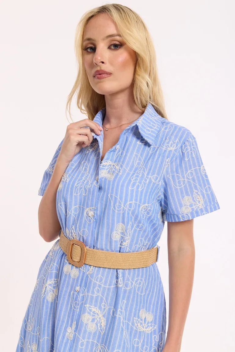 Blue Belted Embroidered Midi Dress - 5