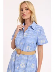 Blue Belted Embroidered Midi Dress - 5