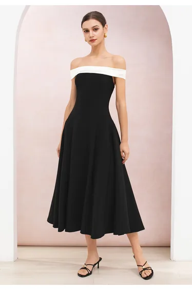 Contrast Satin Panel Off-Shoulder A-Line Dress for Celebrations & Anniversary Dinners