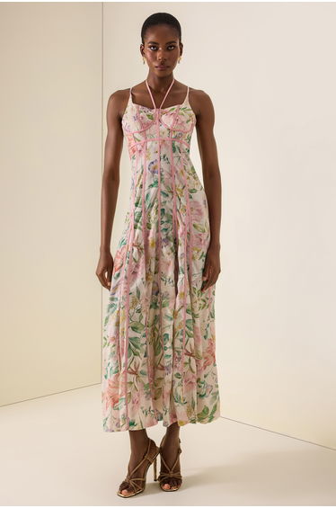 Floral Lace-Up Sweetheart Neck Midi Dress