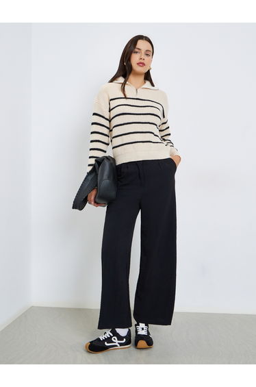 Beige Striped Zip-Up Short Length Sweater