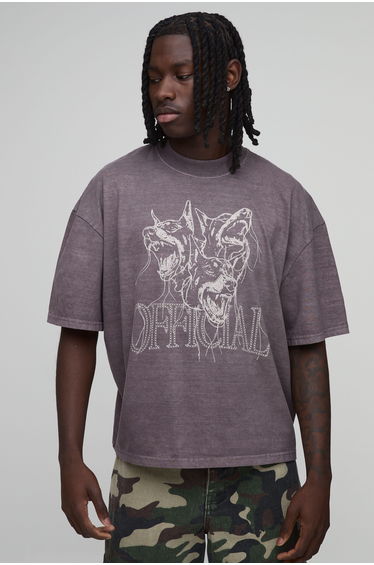 Washed Chocolate Oversized Boxy Extended Neck Dog Graphic T-Shirt - washed chocolate