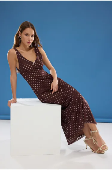 Brown Fitted/Body Fitted Polka Dot Bow Maxi Tulle Stretch Knit Dress
