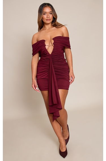 Shape Wine Mesh O Ring Plunge Bardot Mini Dress