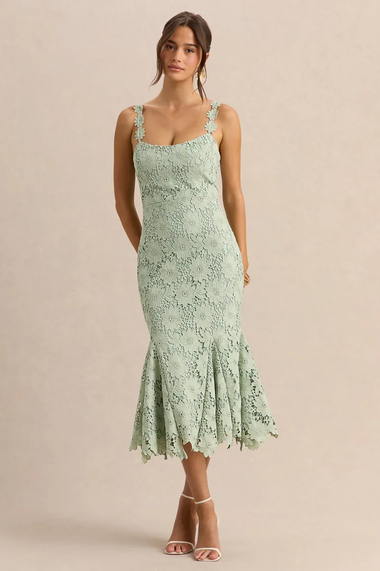 Melia | Sage Lace Scoop-Neck Midi Dress - 3