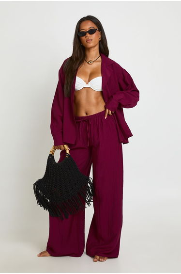 Linen Look Wide Leg Beach Trousers - burgundy