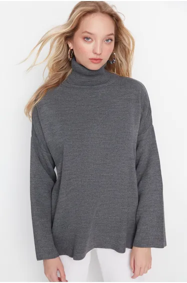 Gray Oversized Basic Knitwear Sweater