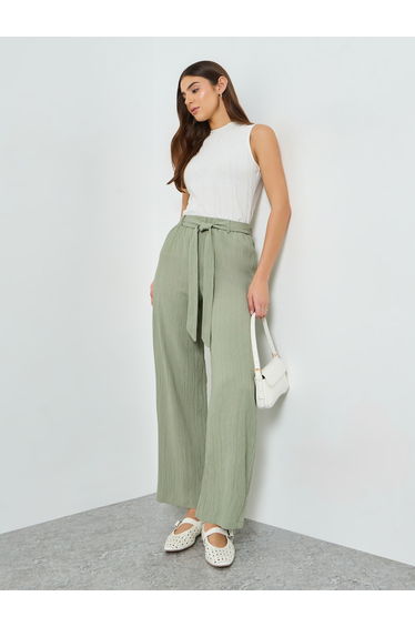 Green Belted Elastic Waist Straight Leg Pants