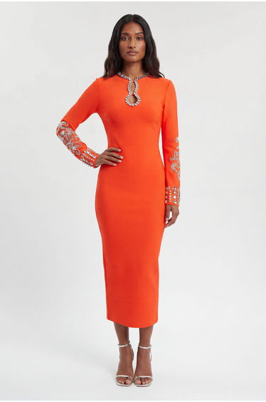 Figure Form Bandage Knit Embellished Wide Sleeve Midi Dress