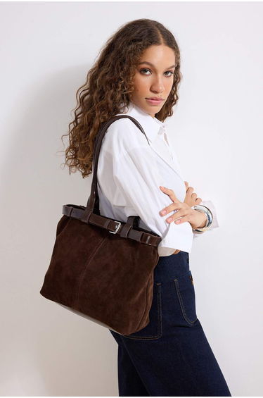 Dark Brown Genuine Suede Women's Midi Shoulder Bag