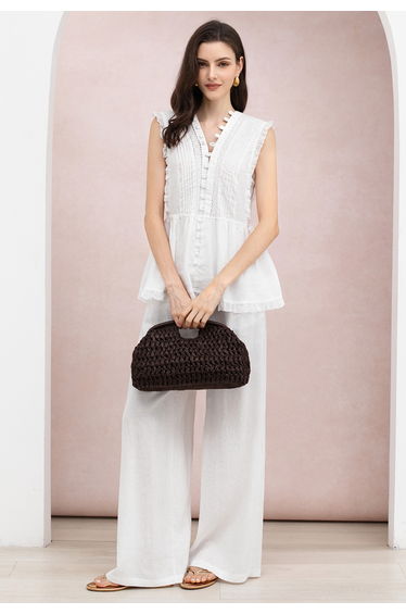 Button-Front Pintuck Peplum Top and Palazzo Pants Set in White for Gatherings & Daytime Events