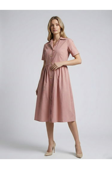 Women Pink Cotton Poplin Midi Dress