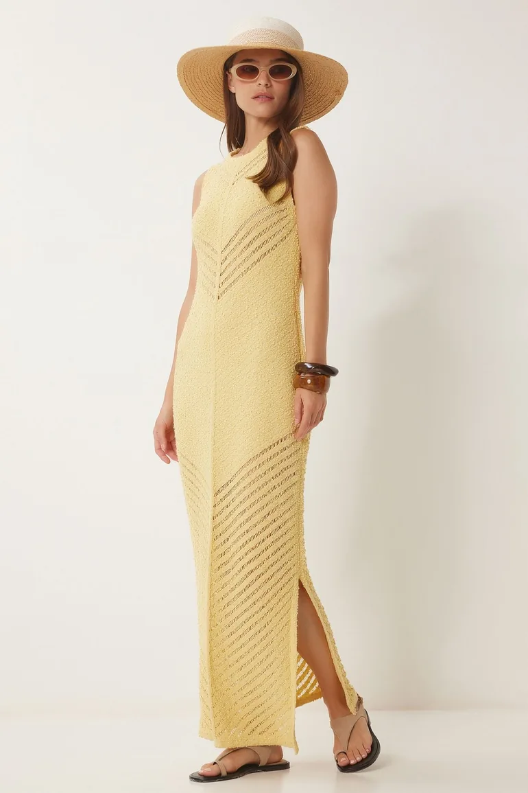 فستان محبوك مخرم - أصفر - 2