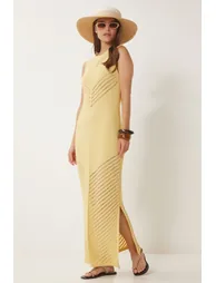 فستان محبوك مخرم - أصفر - 2