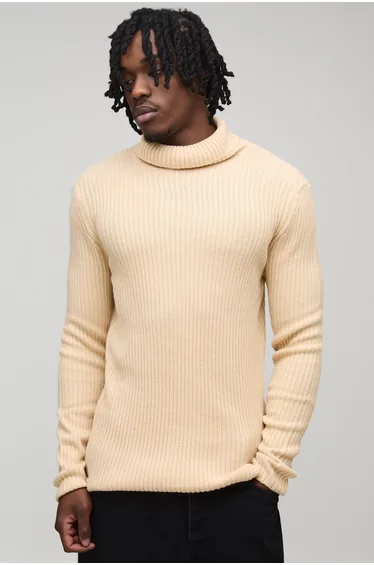 كنزة مضلعة بياقة مطوية - بيج