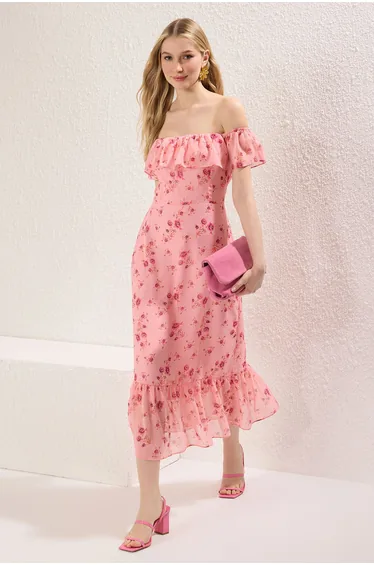Pink Floral Patterned Frilled Midi Woven Dress with Opening Waist Skirt
