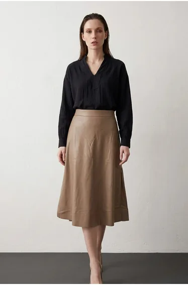 MY FASHION High-Waist Midi A-Line Faux Leather Skirt
