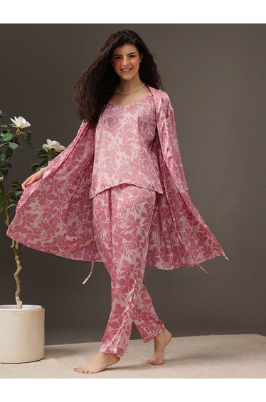 Pack of 3 - Floral Satin Cami, Robe and Pyjama