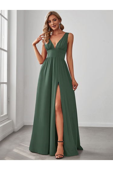 ever SORAYA|Sleeveless V-Neck Empire Waist High Slit Floor-Length Evening Dress