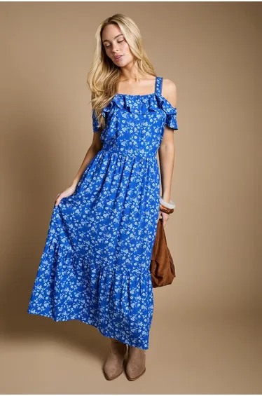 Blue Floral Frill Neckline Button Front Tiered Midaxi Dress