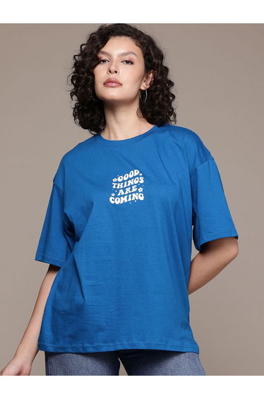 Women Blue Oversized Graphic Print T-Shirt