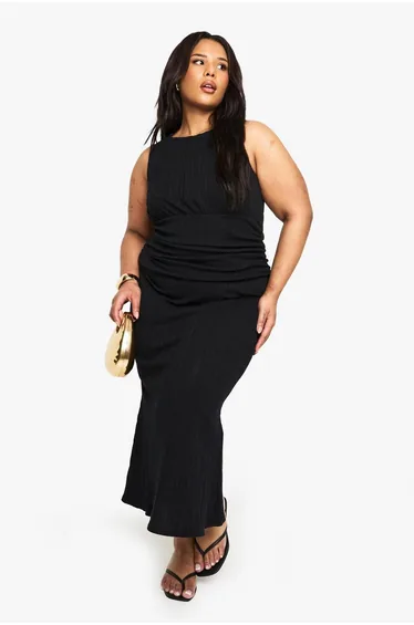 Plus Cotton Rib Ruched Column Midaxi Dress - black
