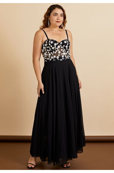 Embroidered Floret Corset Bustier Top in Black
