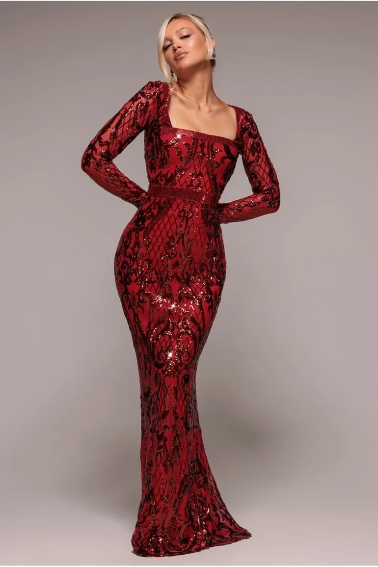 Goddiva Sequin Square Neck Maxi With Scallop Hem - Red Goddiva Multicolour  : Evening Dresses : VogaCloset Iraq