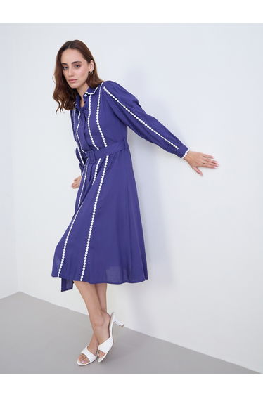 Blue Lace Trim Shirt Midi Dress