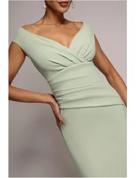 Bardot Pleated Midi Dress - Sage Green by Goddiva - 3