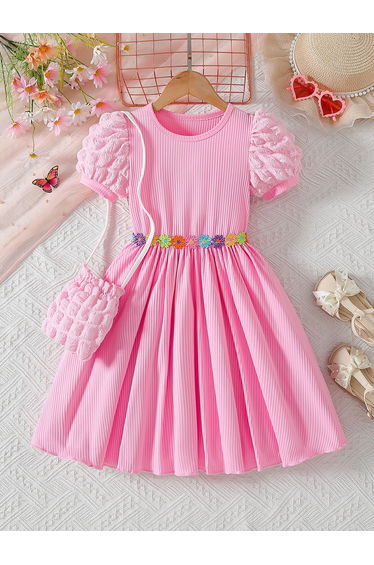 Girls Pink Solid Puff Sleeves A-Line Dress with Crossbody Bag