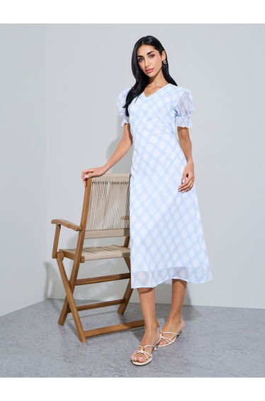 Blue Checked A-Line Midi Dress with Puff Sleeves