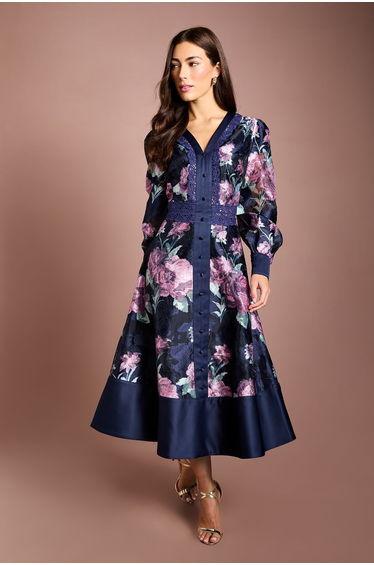 V Neck Long Sleeve Jacquard Midi Dress