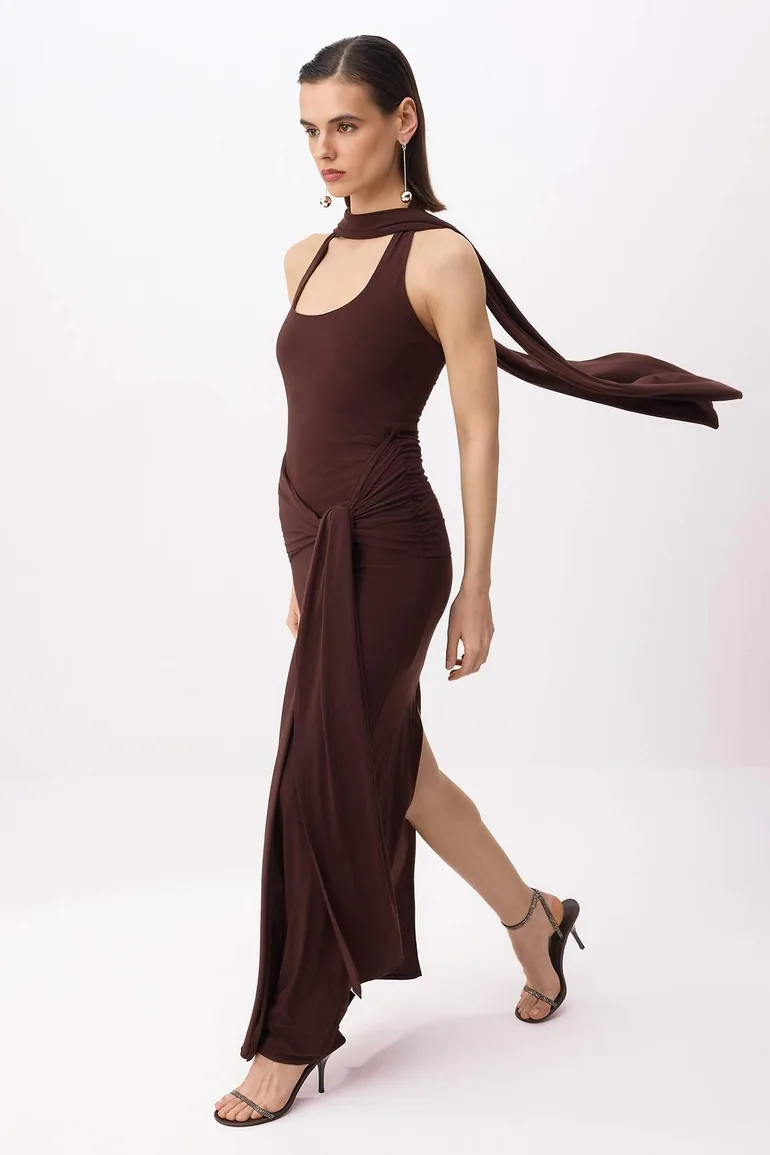 Brown Straight Tie Detail Knitted Sandy Maxi Evening Dress & Graduation Dress