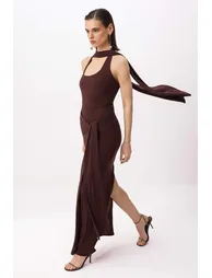 Brown Straight Tie Detail Knitted Sandy Maxi Evening Dress & Graduation Dress