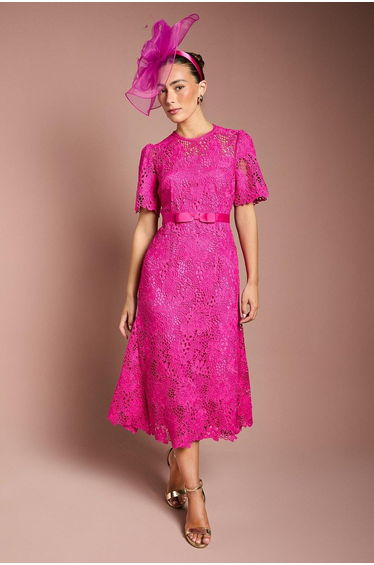 Lace Midi Dress With Bow Belt