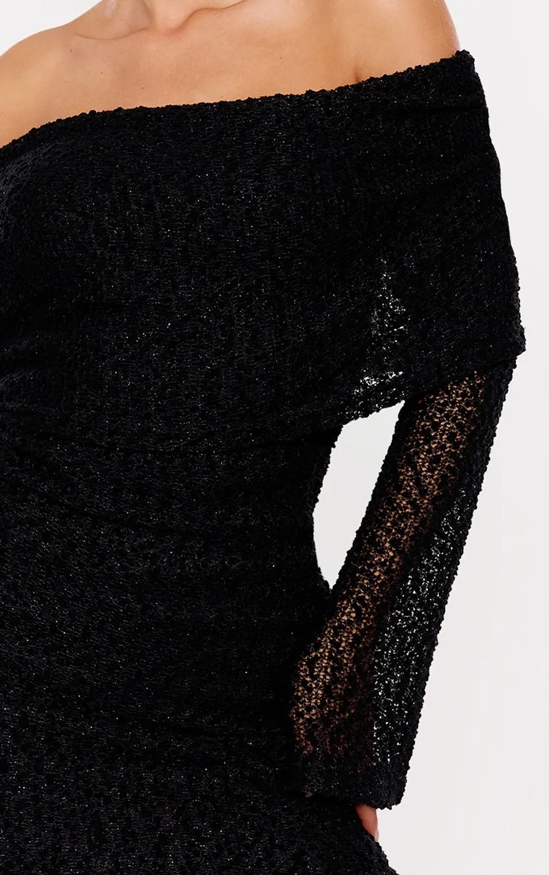 black textured bardot flare long sleeve mini dress Floral Long Sleeve Flare Dress With Boots Black Textured Bardot Flare Long Sleeve Mini Dress Dresses