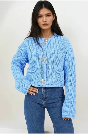 Women's Blue Crew Neck Double Pocket Gold Button Thick Knit Cardigan