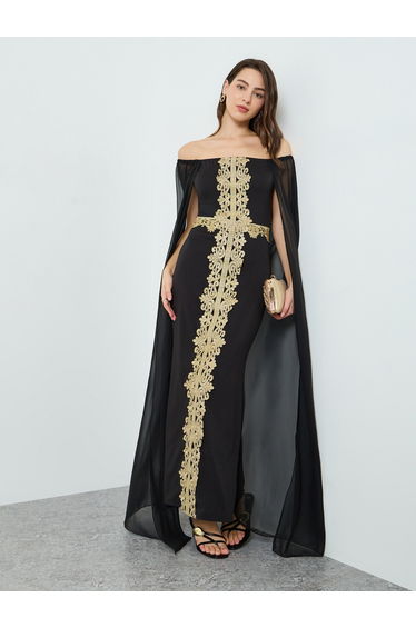Women Black Embroidered Off Shoulder Cape Sleeve Maxi Dress