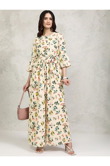 All-Over Floral Print Straight Leg Jumpsuit with Tie-Up Belt