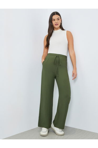 Women Dark Green Textured Wide Leg Trousers