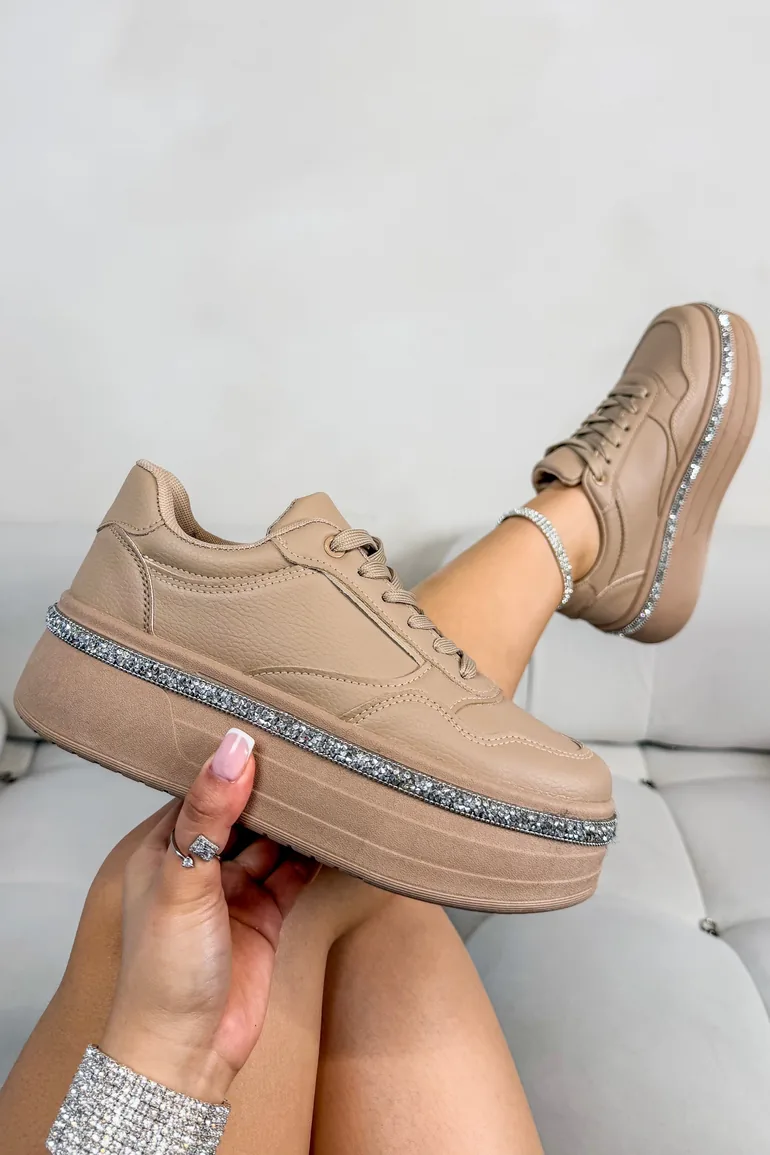 Lemonade Crystal Diamante Trim Platform Trainers Mocha - 2