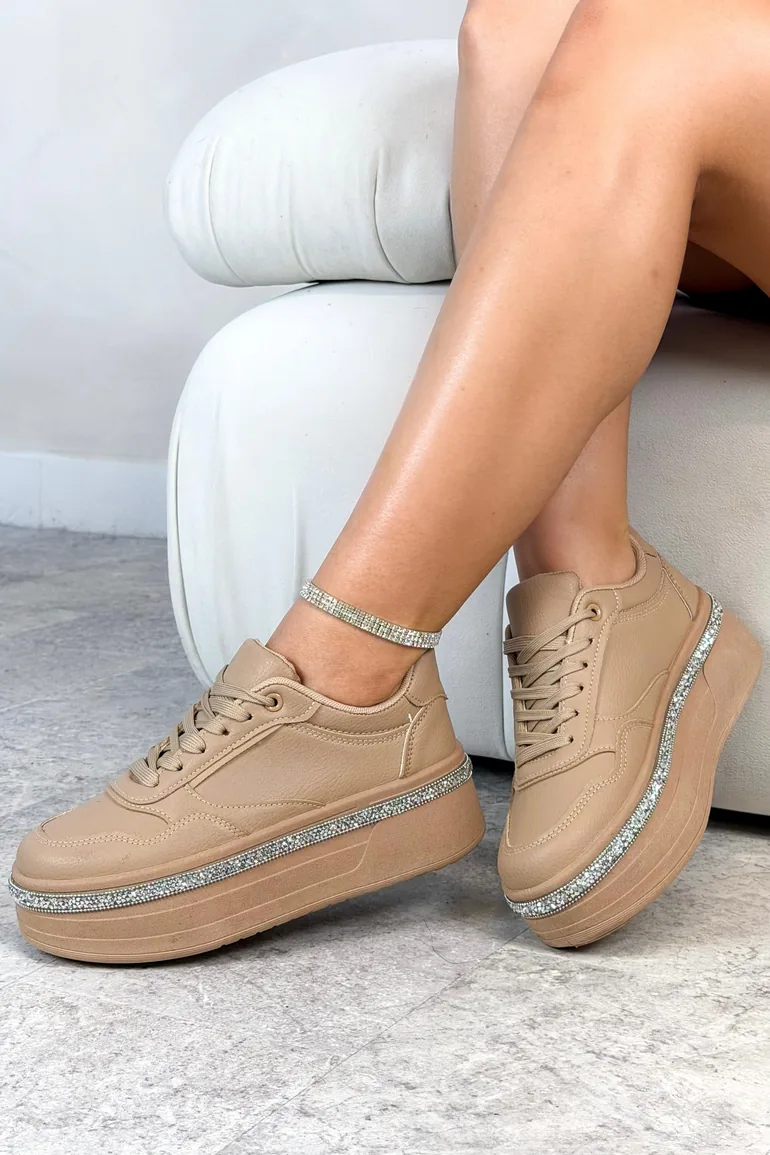 Lemonade Crystal Diamante Trim Platform Trainers Mocha