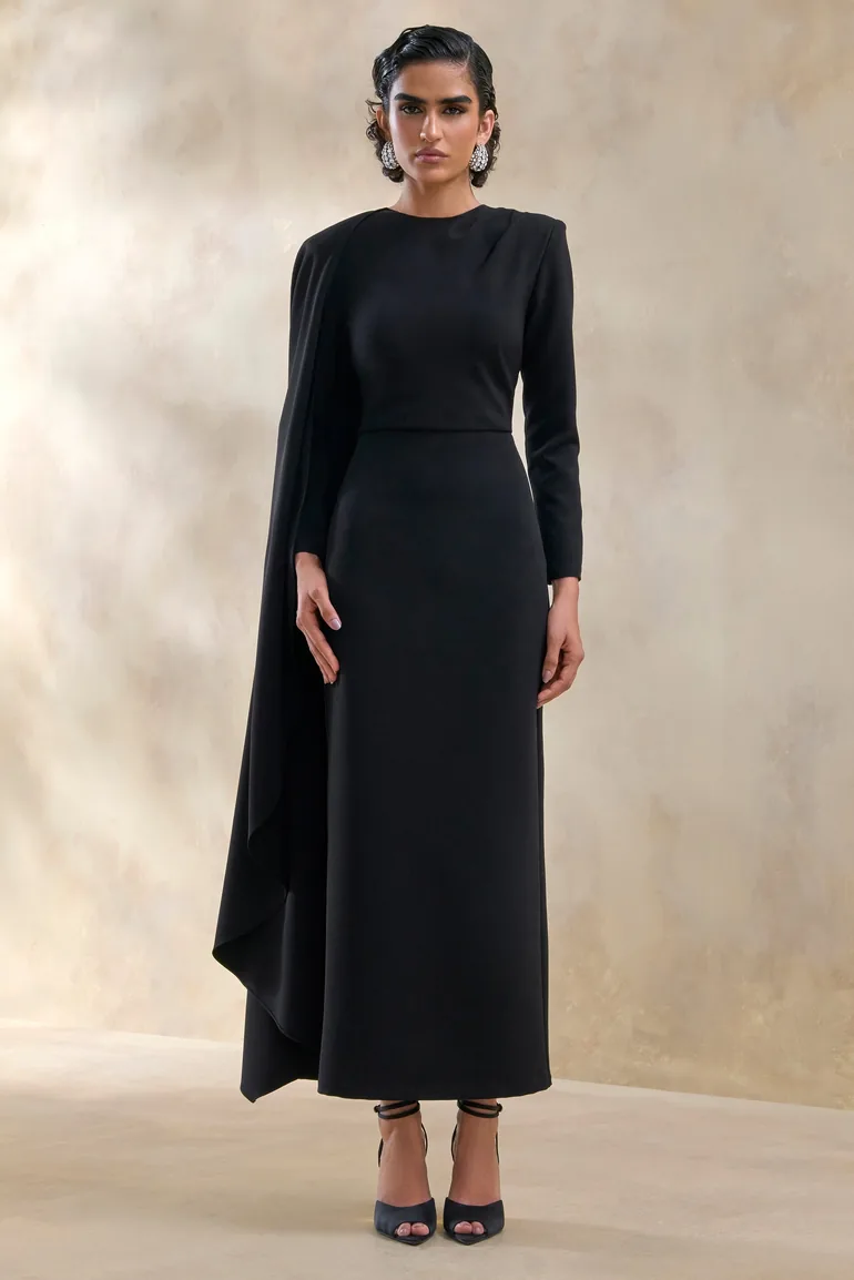 Jovea | Black Round-Neck Maxi Dress With Cape-Sleeve