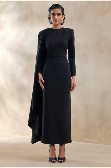 Jovea | Black Round-Neck Maxi Dress With Cape-Sleeve