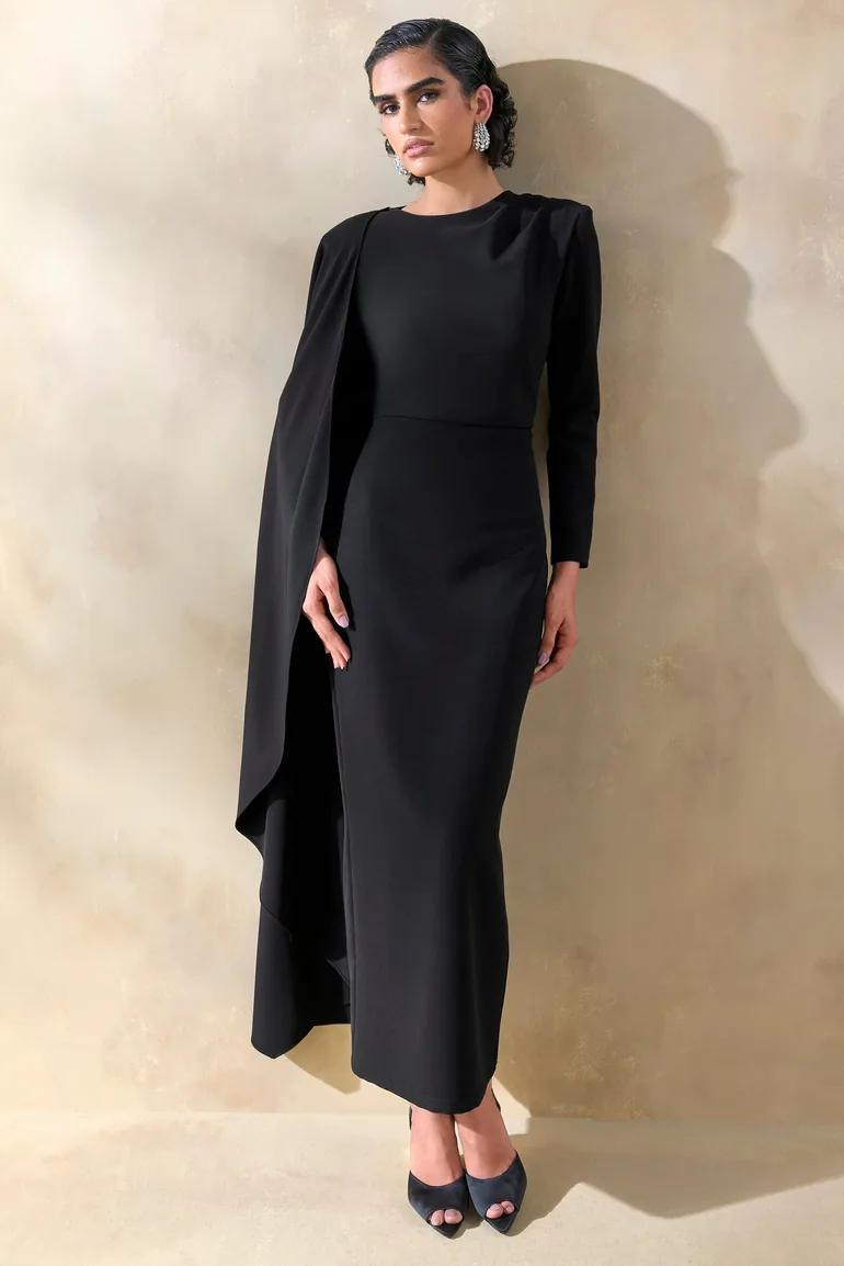 Jovea | Black Round-Neck Maxi Dress With Cape-Sleeve - 4