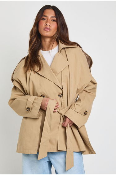 Oversized Collared Belted Short Trench Jacket - camel