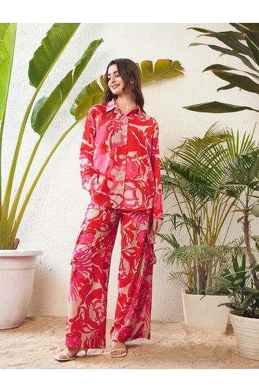 Oversized Floral Print Shirt and Flap Pocket Wide Leg Pants Co-Ord