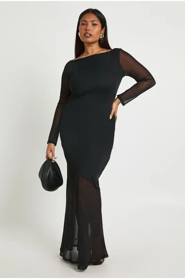 Plus Long Sleeve Mesh Cowl Back Maxi Dress - black
