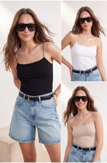 Black-White-Beige 3-Pack Strappy Fitted Square Collar Flexible Knitted Tank Top